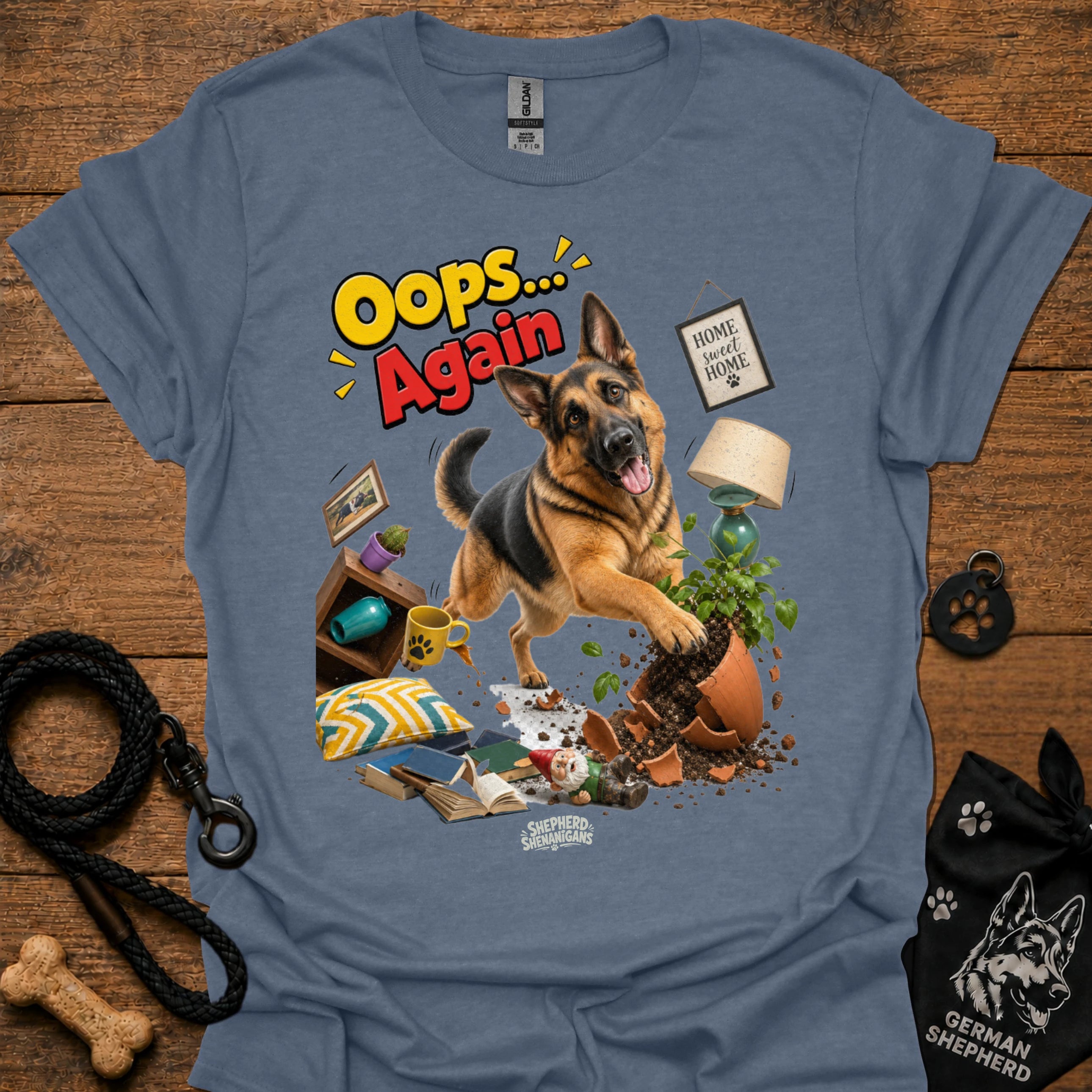 Heather indigo crewneck T-shirt with German Shepherd 'Oops... Again' front graphic