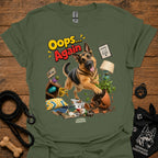 Military green crewneck T-shirt with German Shepherd 'Oops... Again' front graphic