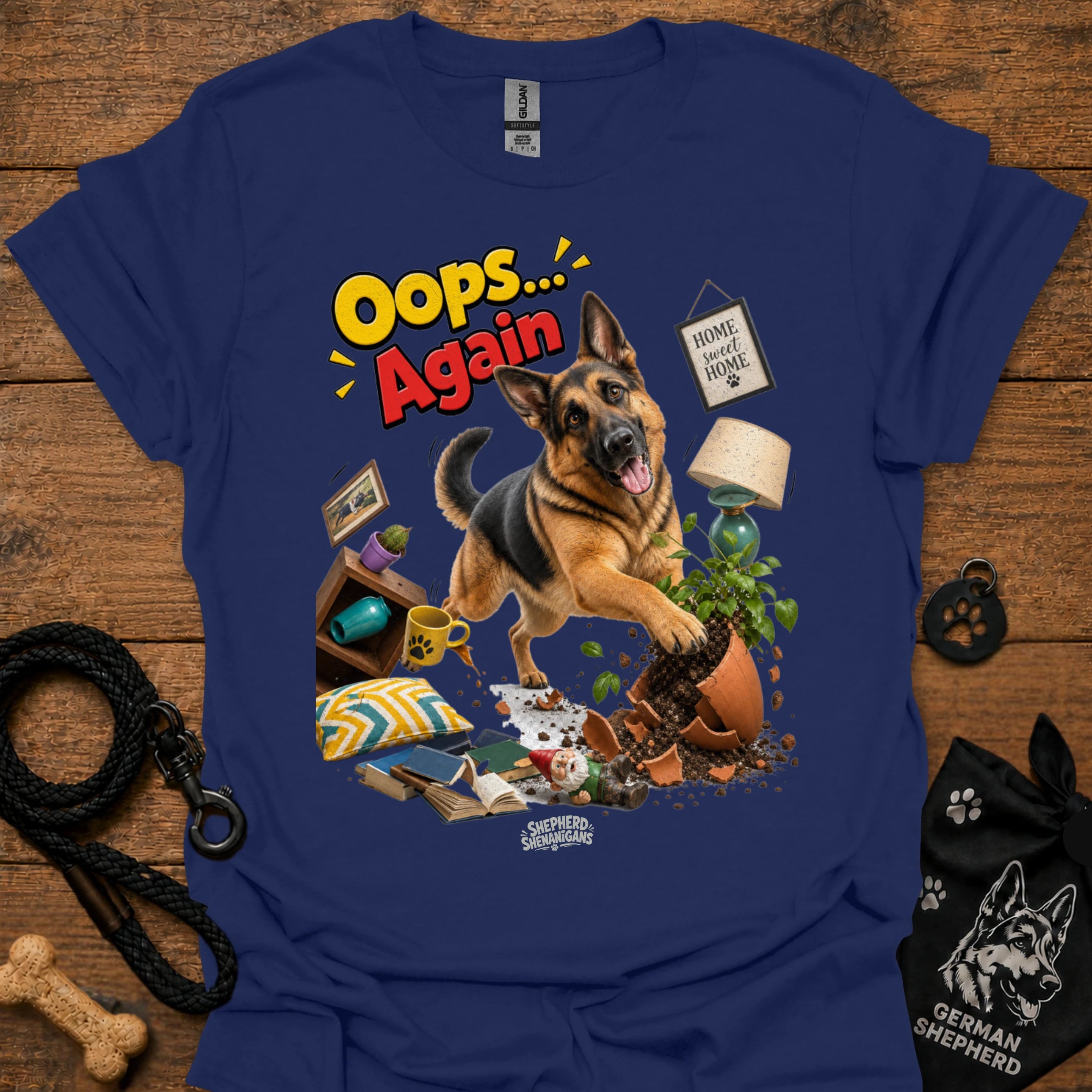Navy crewneck T-shirt with German Shepherd 'Oops... Again' front graphic