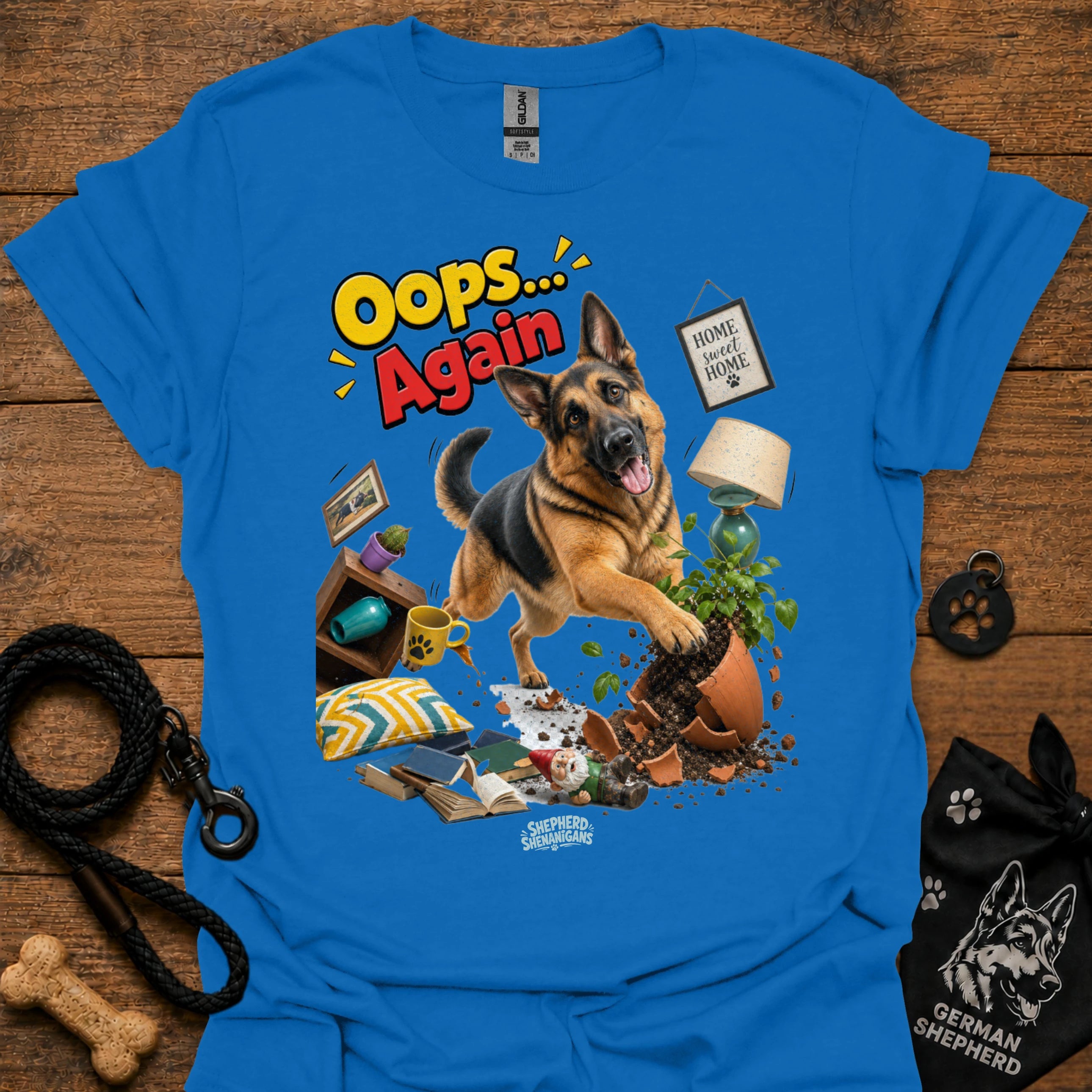 Royal blue crewneck T-shirt with German Shepherd 'Oops... Again' front graphic