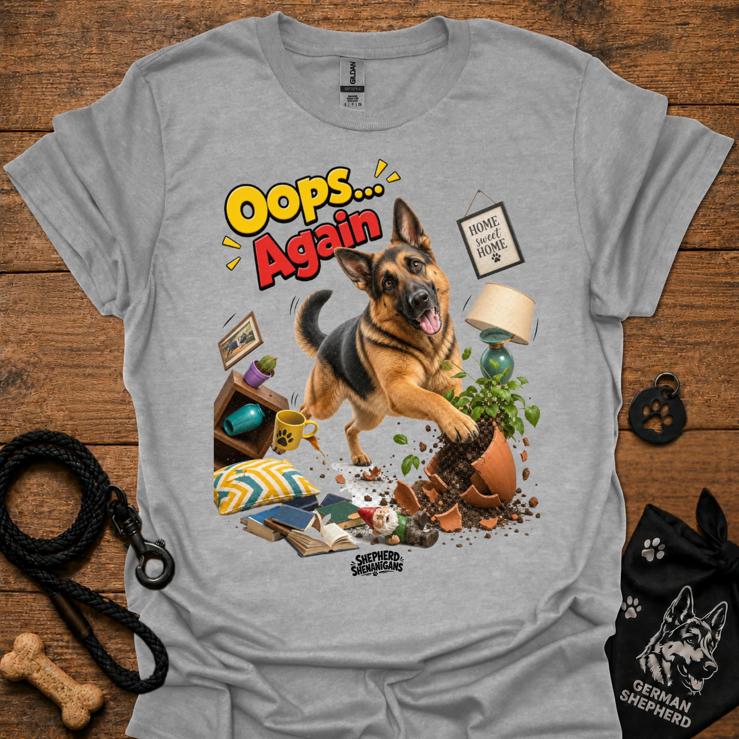 Sport grey crewneck T-shirt with German Shepherd 'Oops... Again' front graphic