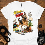 White crewneck T-shirt with German Shepherd 'Oops... Again' front graphic