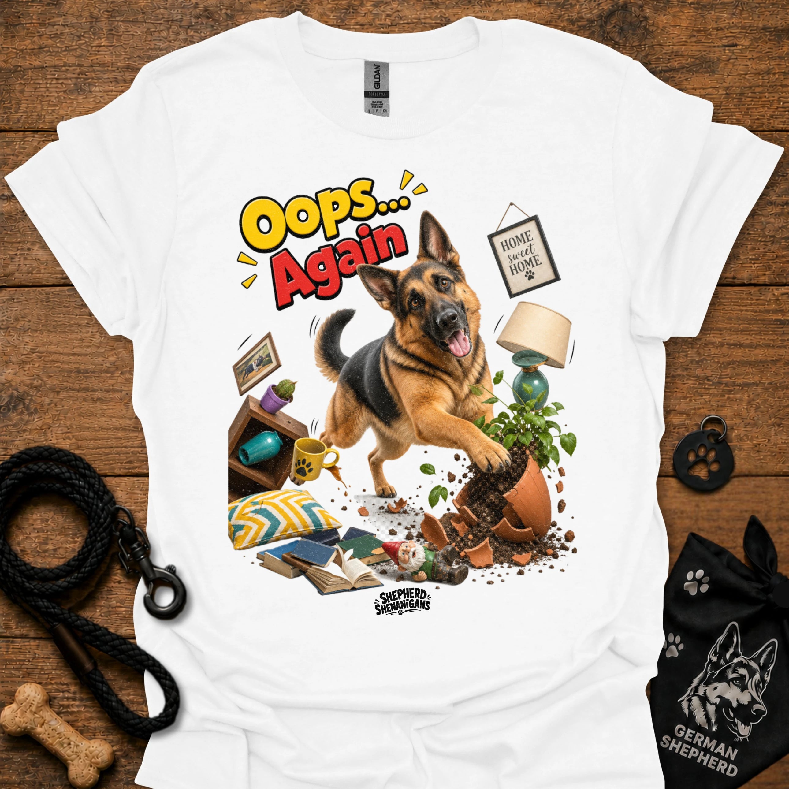 White crewneck T-shirt with German Shepherd 'Oops... Again' front graphic