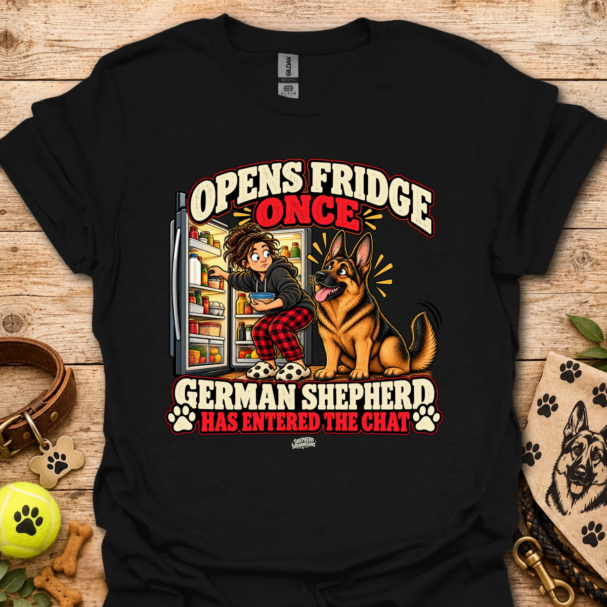 Black crewneck t-shirt with large center “Opens Fridge Once” German shepherd chat graphic.