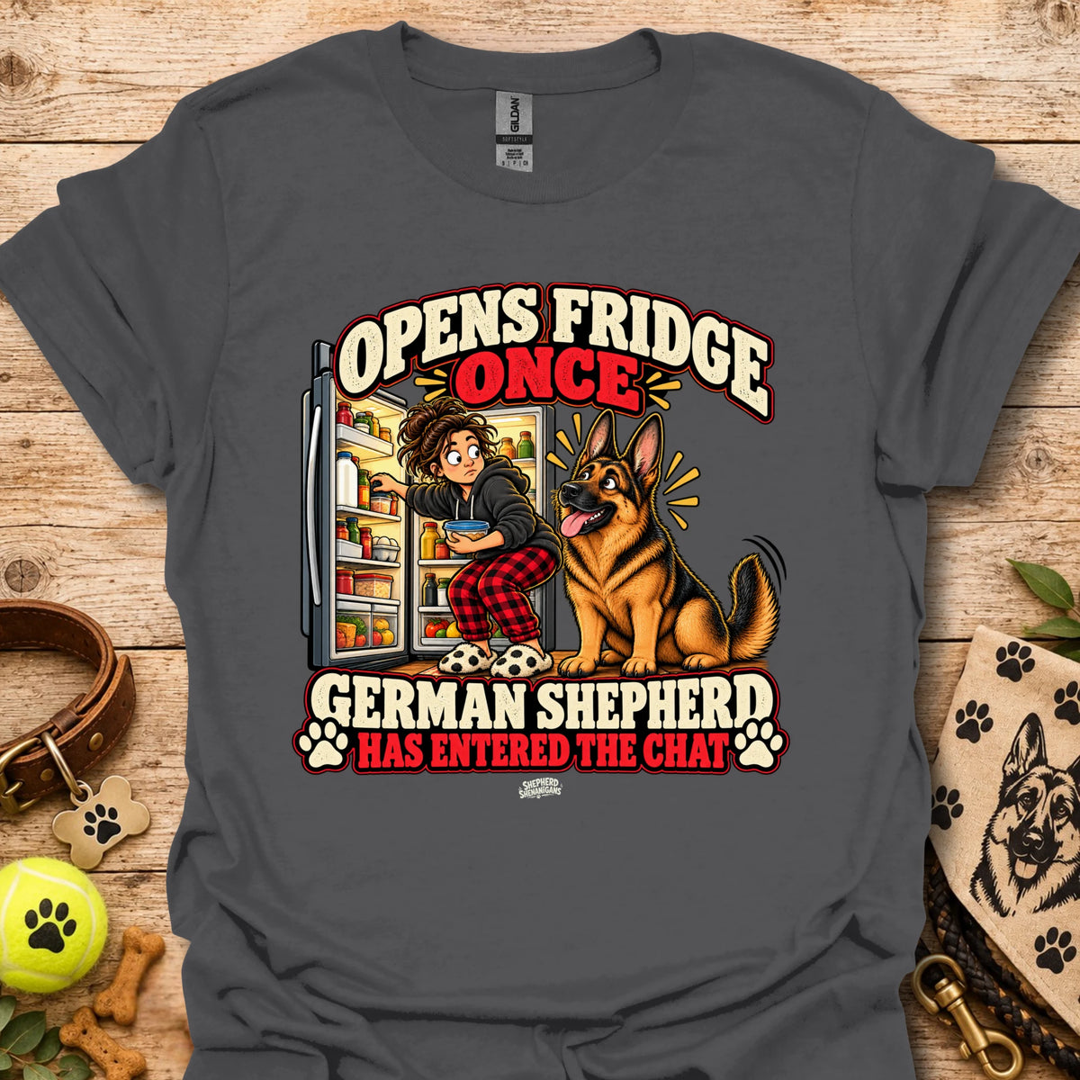 Black crewneck t-shirt with colorful “Opens Fridge Once” German shepherd chat graphic.