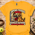 Gold crewneck t-shirt with “Opens Fridge Once” German shepherd chat front graphic.