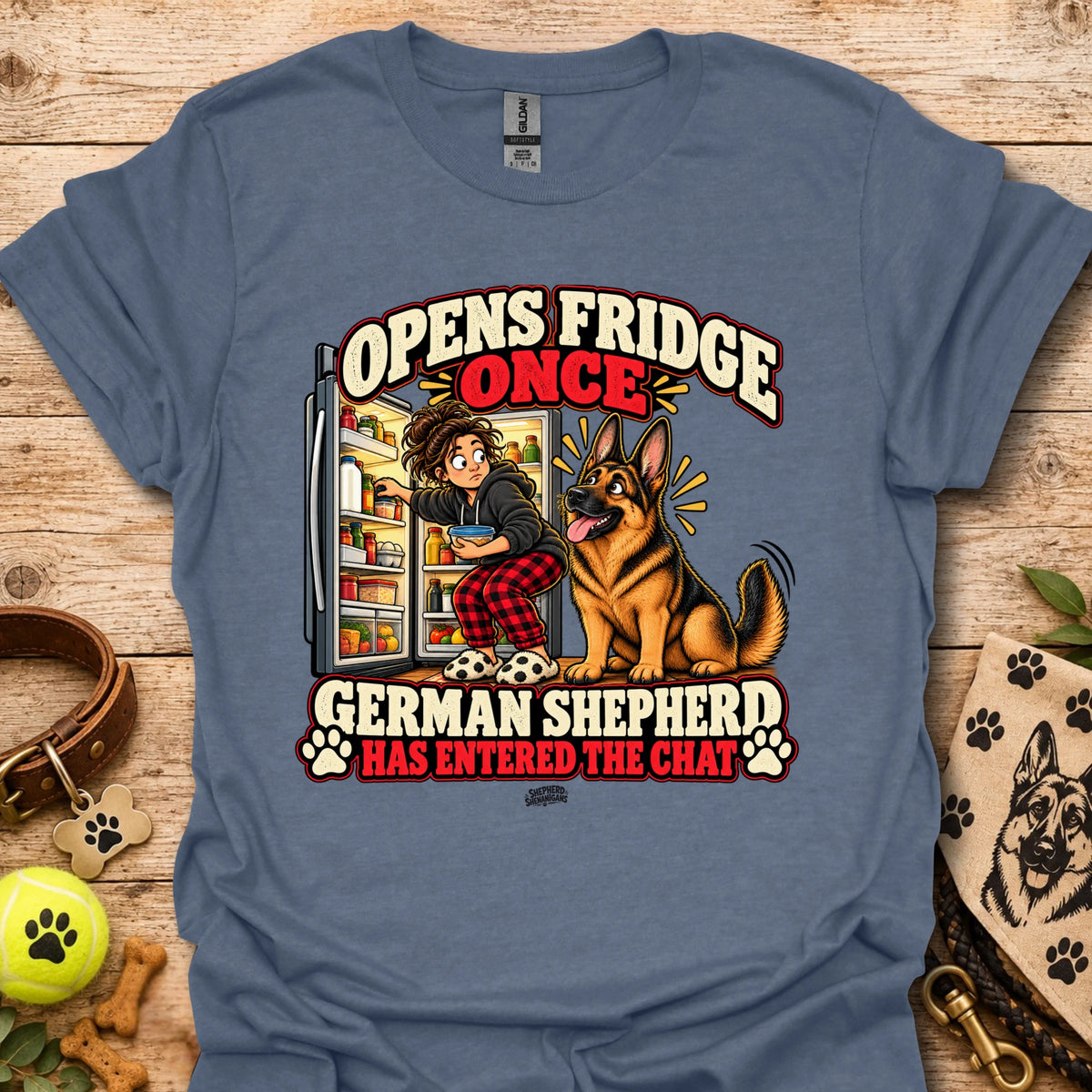 Heather blue crewneck t-shirt with “Opens Fridge Once” German shepherd chat graphic.