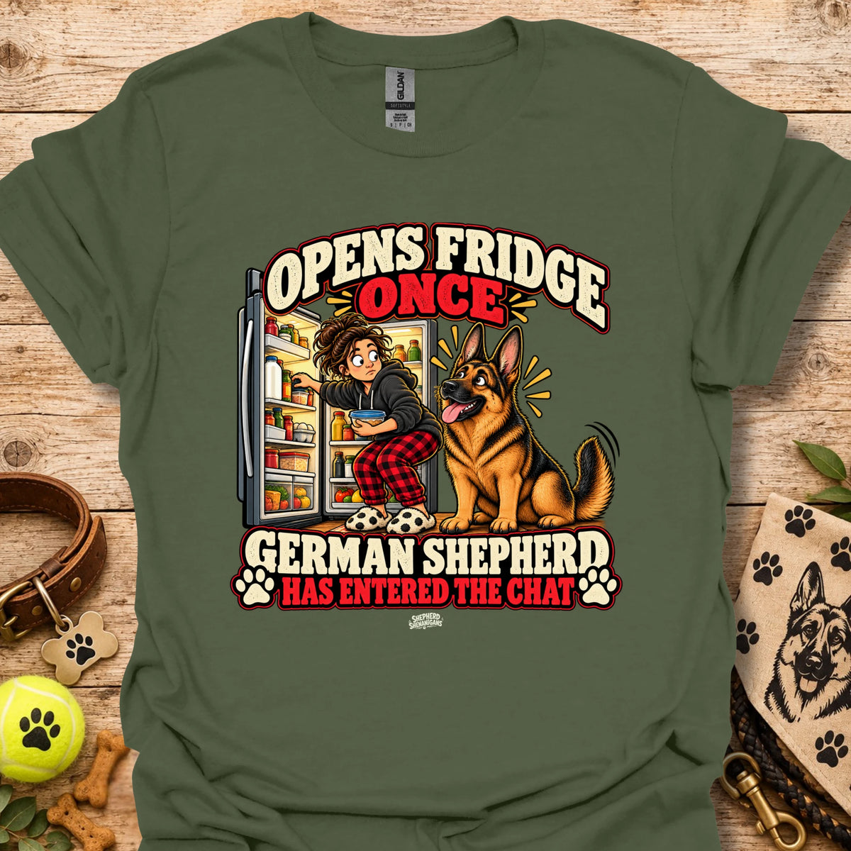 Military green crewneck t-shirt with “Opens Fridge Once” German shepherd chat front print.