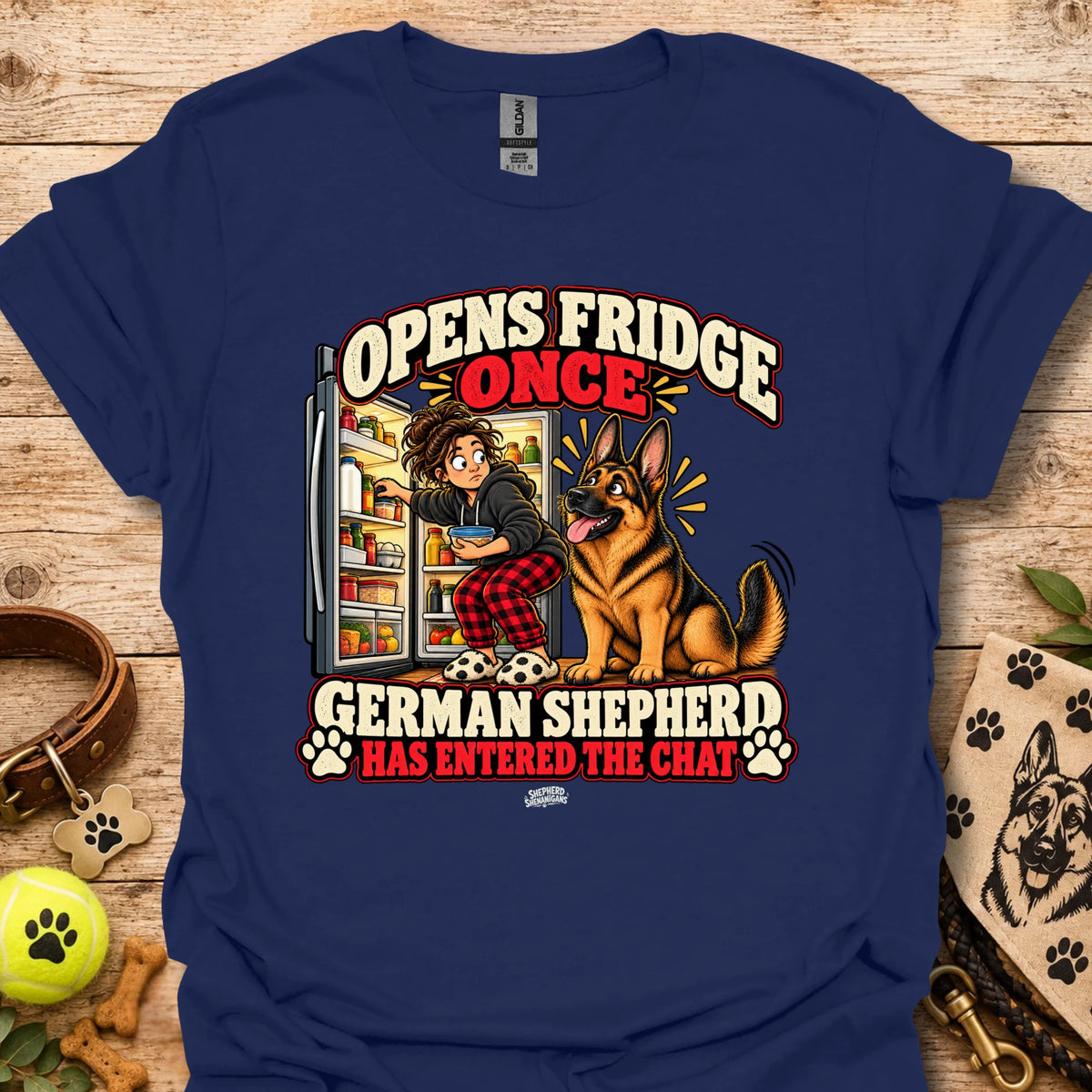 Navy crewneck t-shirt with “Opens Fridge Once” German shepherd chat front print.