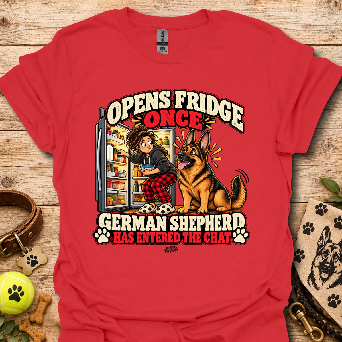 Red crewneck t-shirt featuring “Opens Fridge Once” German shepherd chat graphic.