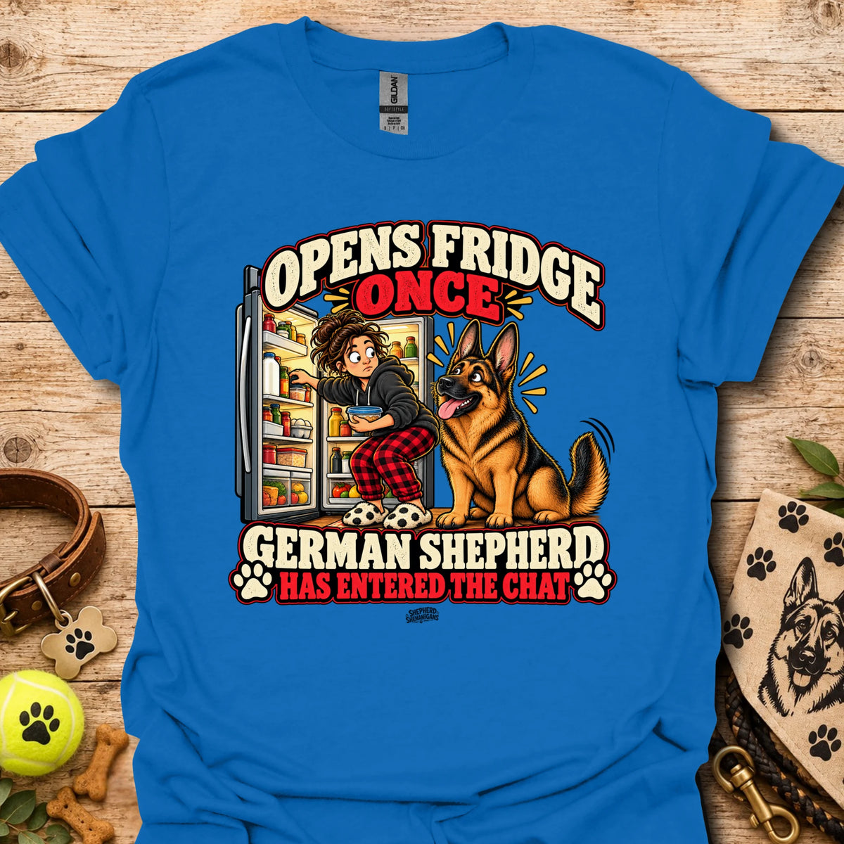 Royal blue crewneck t-shirt with “Opens Fridge Once” German shepherd chat front design.