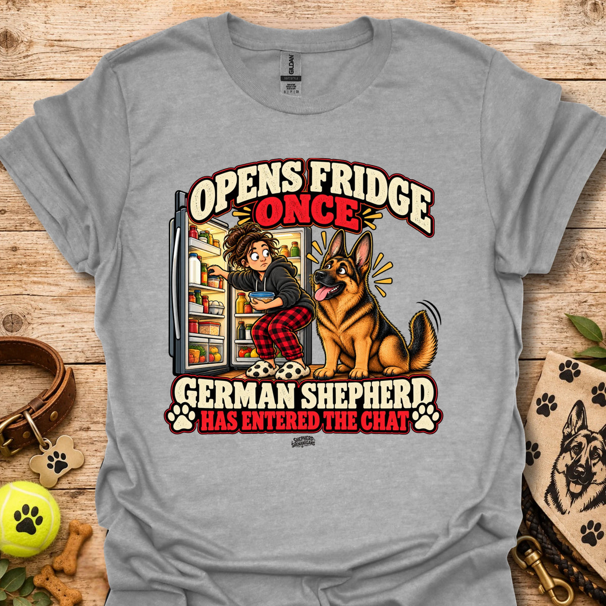Sport gray crewneck t-shirt with colorful “Opens Fridge Once” German shepherd chat graphic.