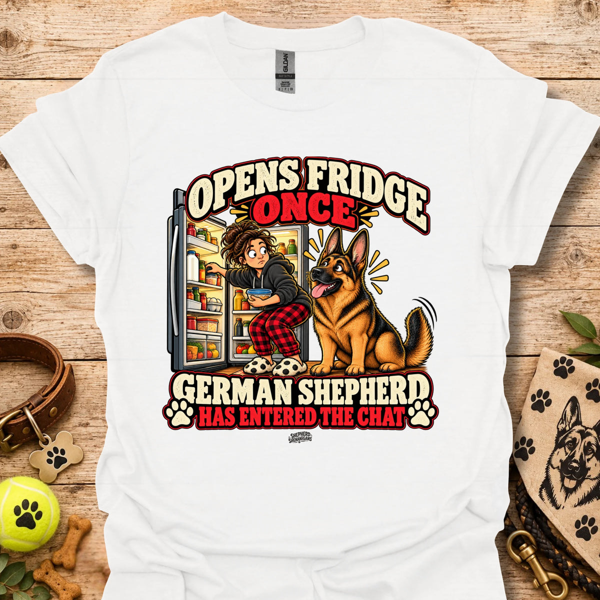 White crewneck t-shirt with “Opens Fridge Once” German shepherd chat front print.