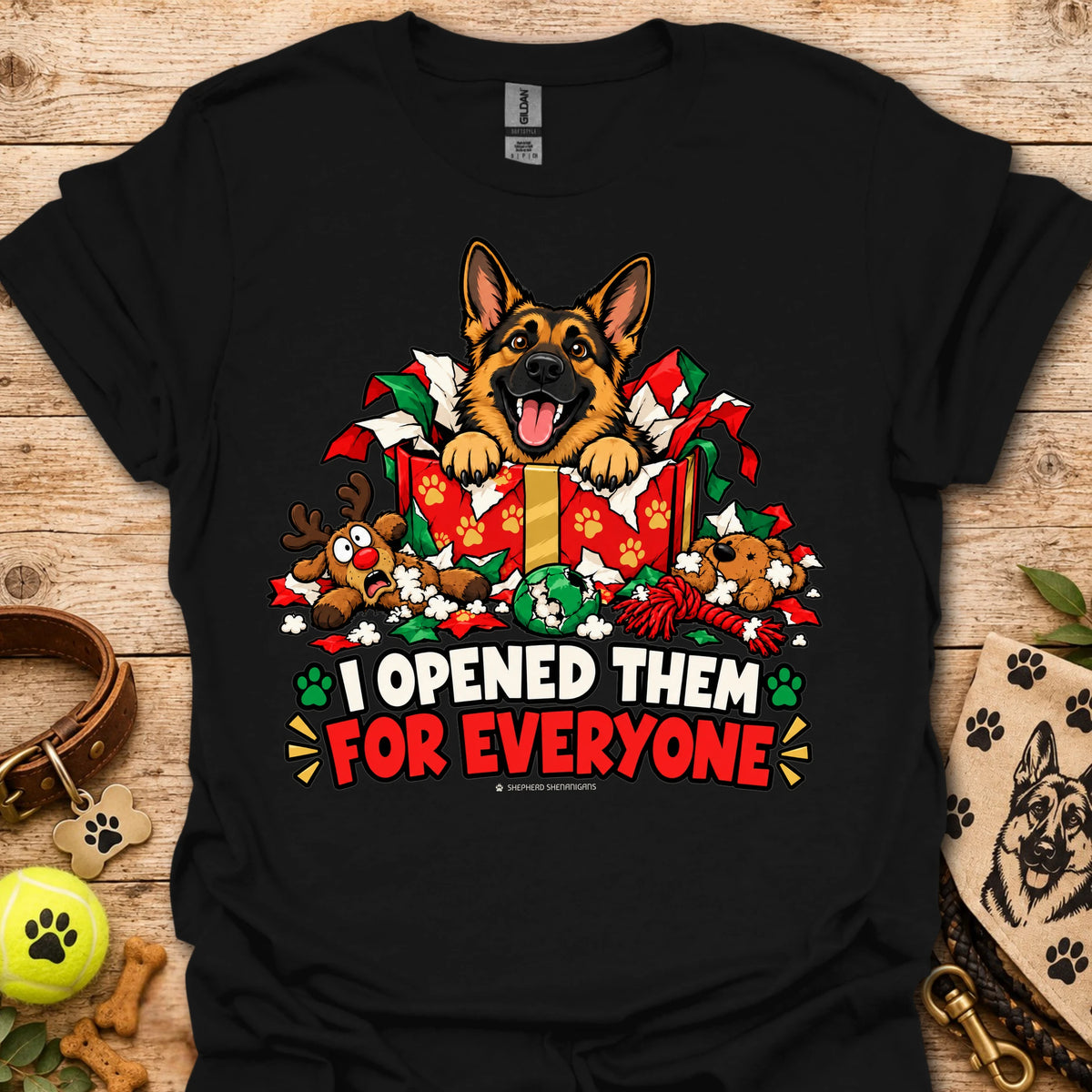 Black crewneck T-shirt with dog holiday graphic and "I opened them for everyone" text