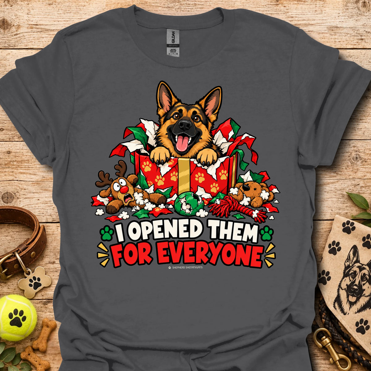 Charcoal crewneck T-shirt with dog holiday graphic and "I opened them for everyone" text