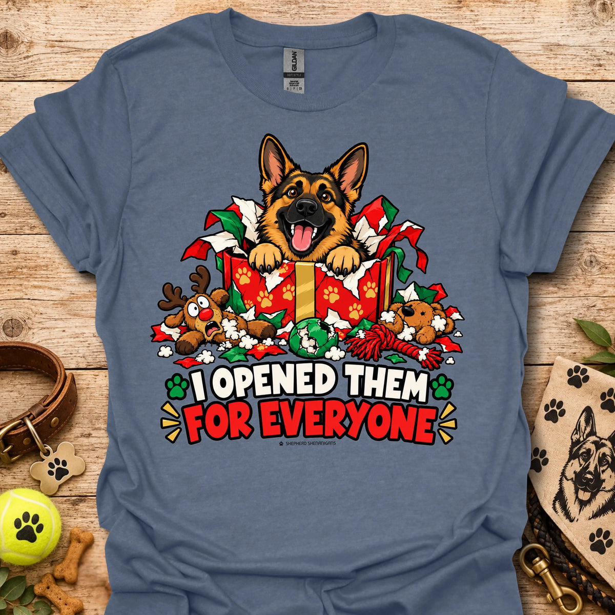 Heather blue crewneck T-shirt with dog holiday graphic and "I opened them for everyone" text