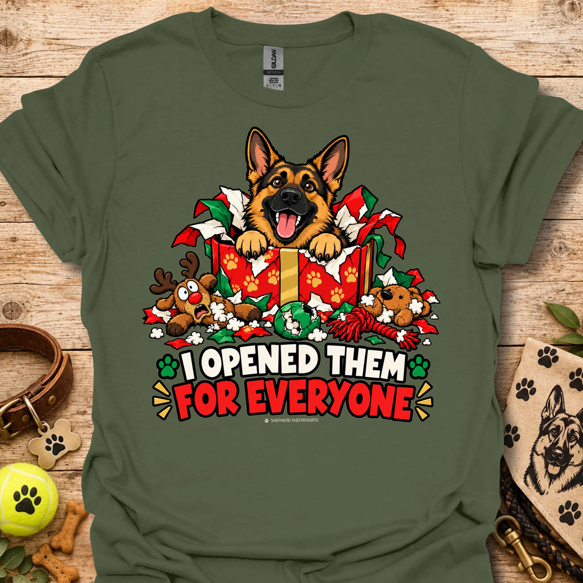 Military green crewneck T-shirt with dog holiday graphic and "I opened them for everyone" text