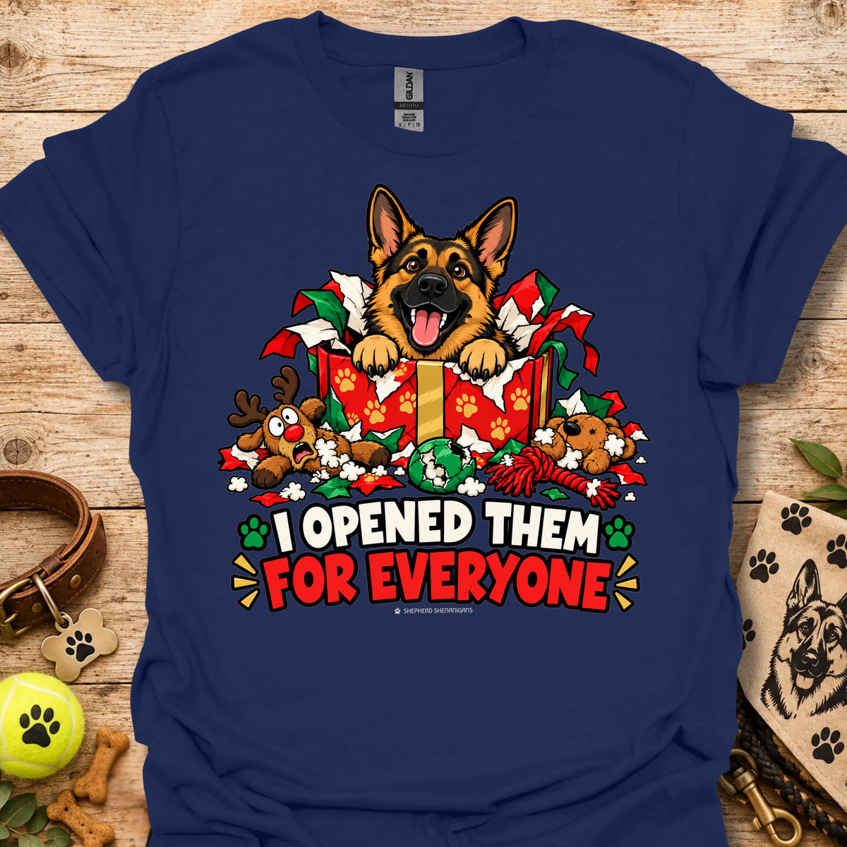 Navy crewneck T-shirt with dog holiday graphic and "I opened them for everyone" text