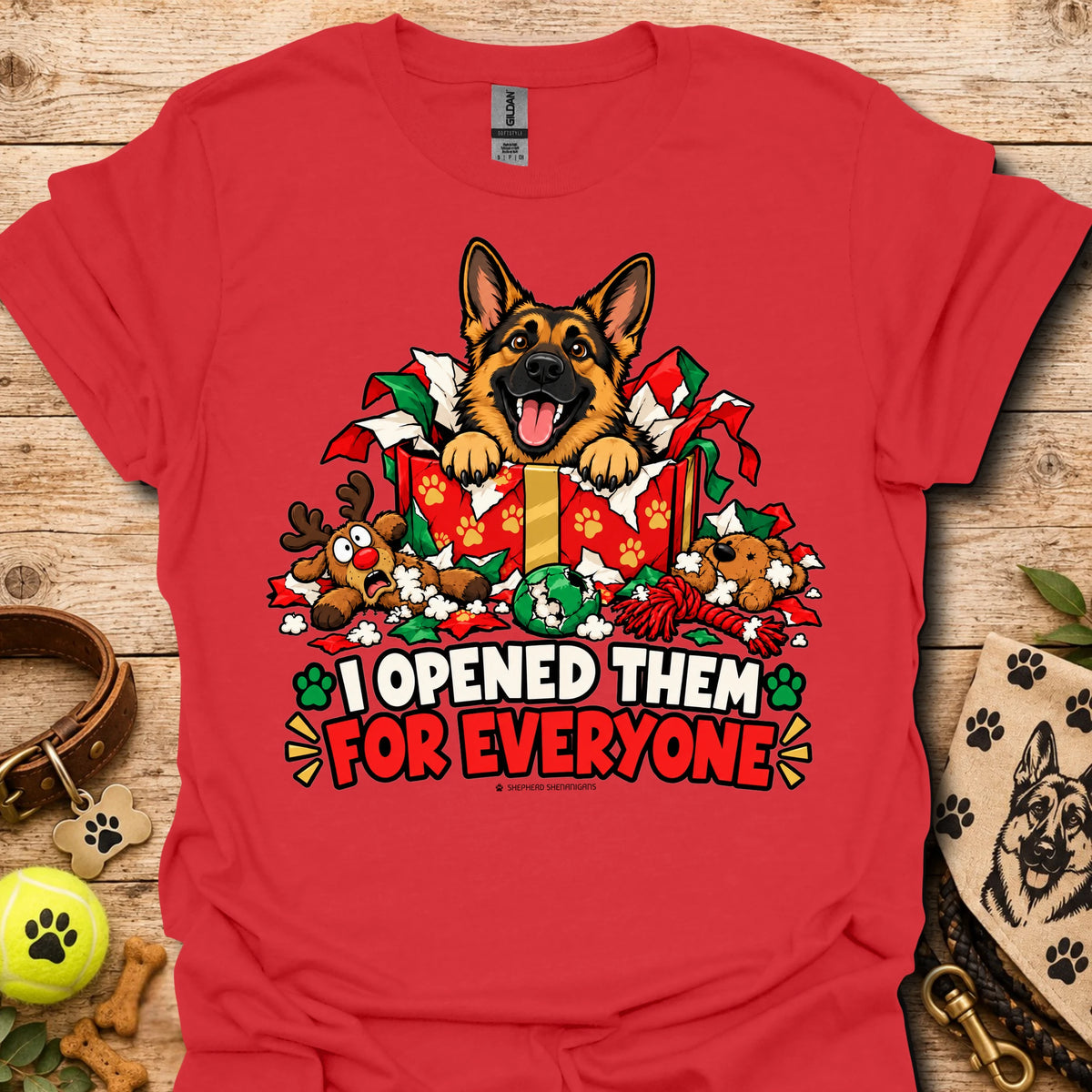 Red crewneck T-shirt with dog holiday graphic and "I opened them for everyone" text