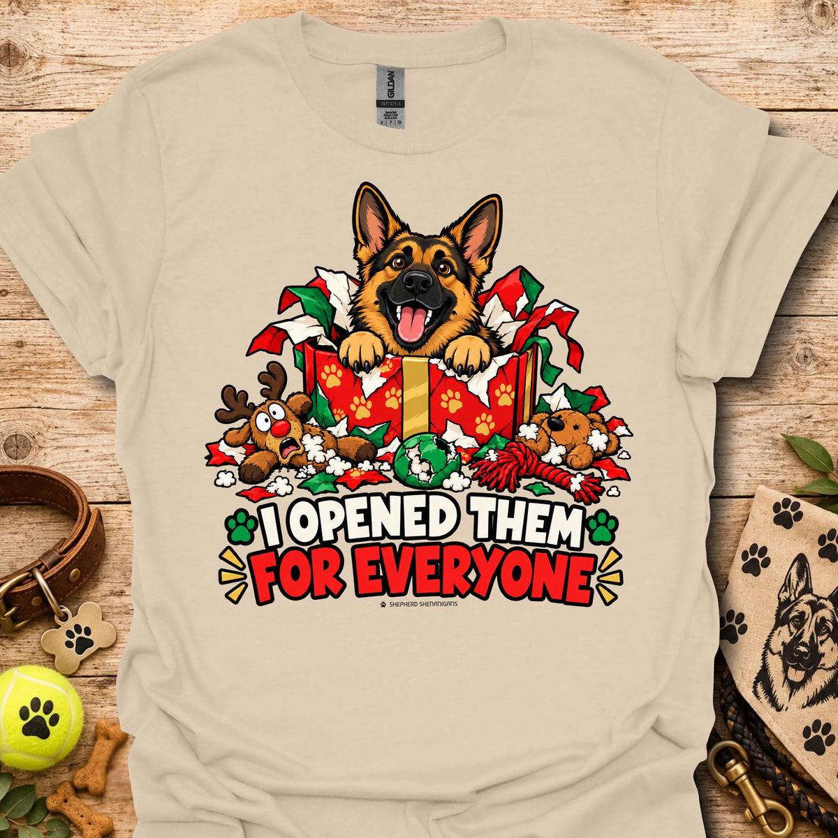 Sand crewneck T-shirt with dog holiday graphic and "I opened them for everyone" text