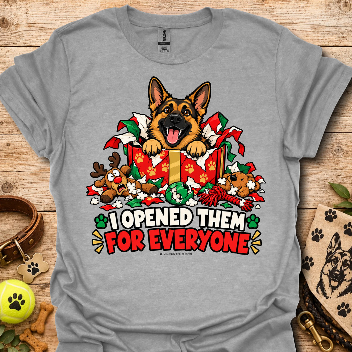 Sport grey crewneck T-shirt with dog holiday graphic and "I opened them for everyone" text