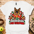 White crewneck T-shirt with dog holiday graphic and "I opened them for everyone" text