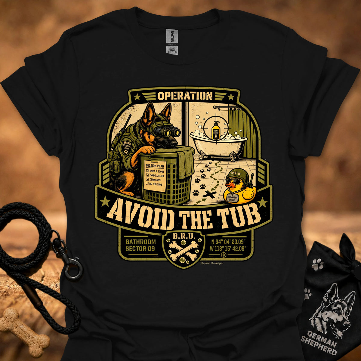 Operation-themed graphic T-shirt, black, large badge print with slogan "Avoid the Tub"