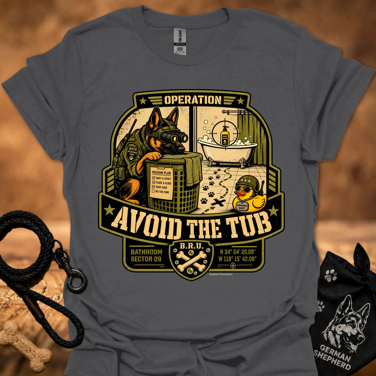 Operation-themed graphic T-shirt, dark gray, large badge print with slogan "Avoid the Tub"