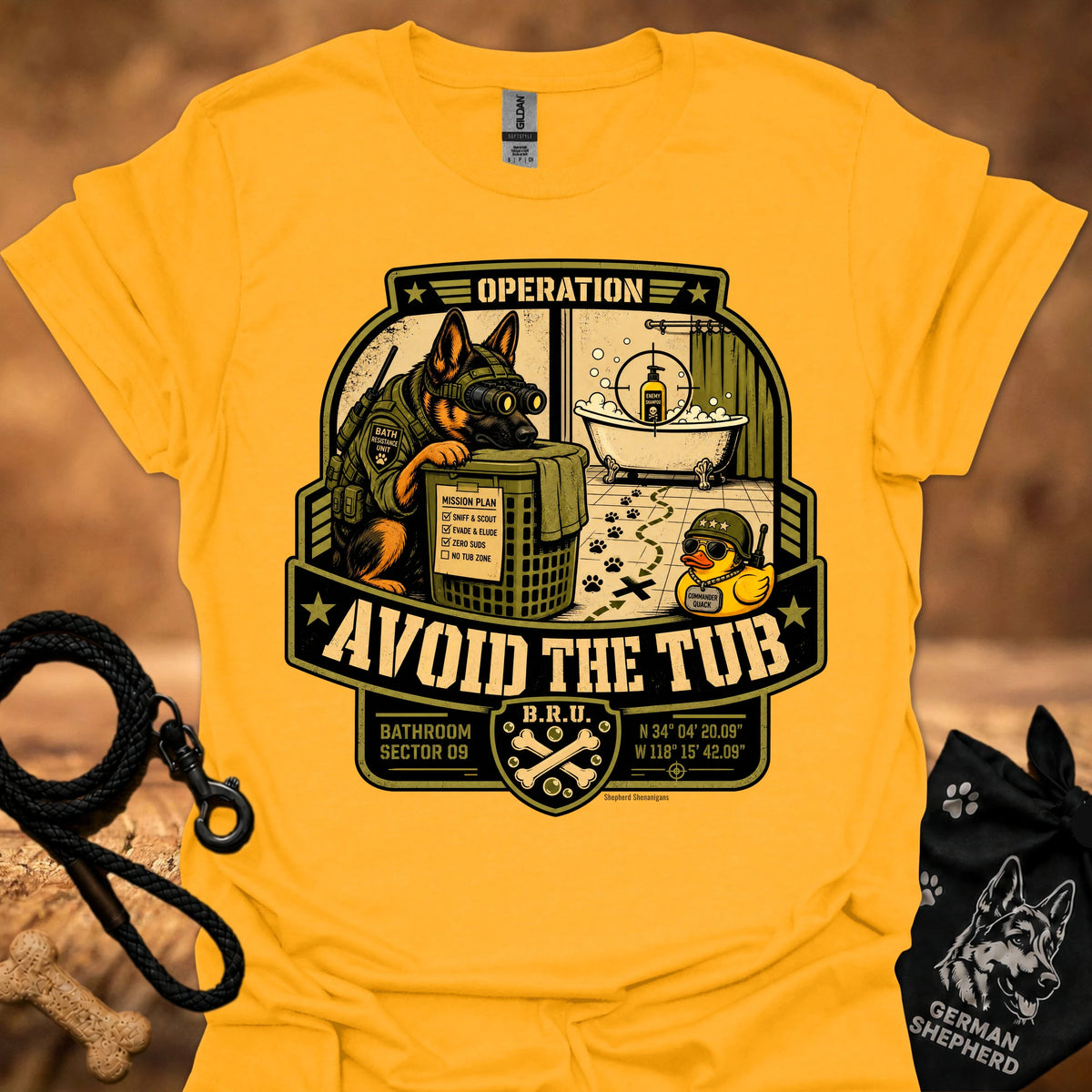 Operation-themed graphic T-shirt, gold, large badge print with slogan "Avoid the Tub"