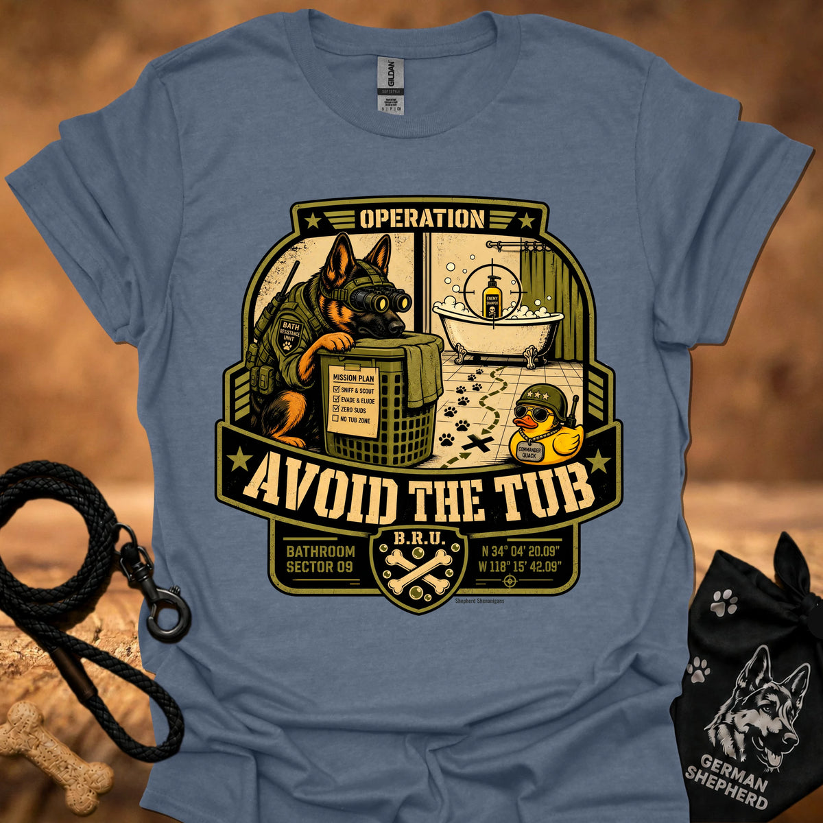 Operation-themed graphic T-shirt, slate blue, large badge print with slogan "Avoid the Tub"