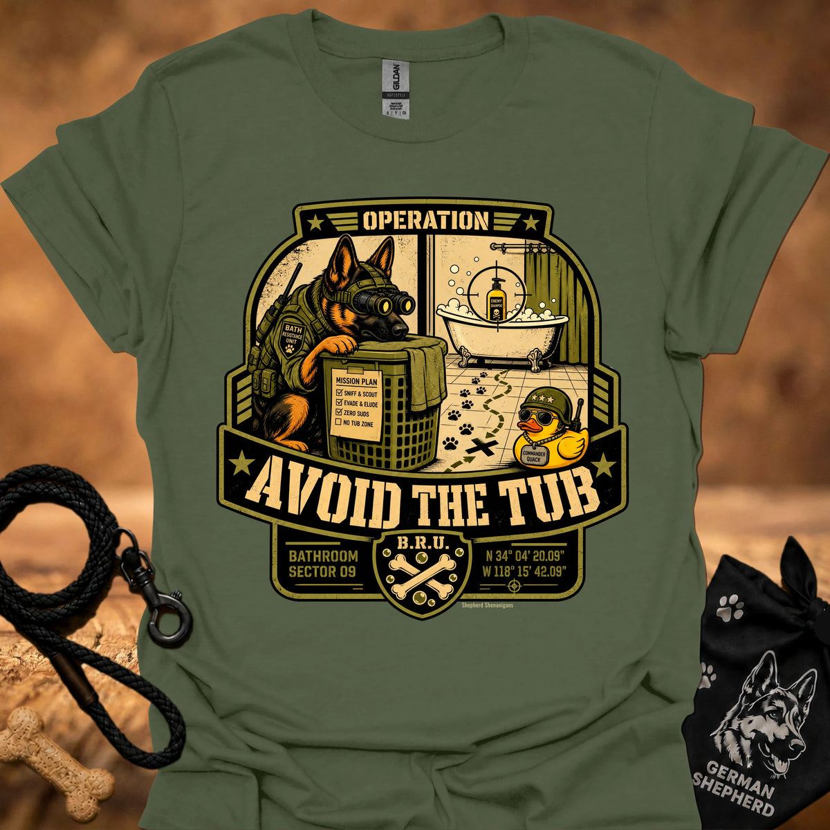 Operation-themed graphic T-shirt, military green, large badge print with slogan "Avoid the Tub"