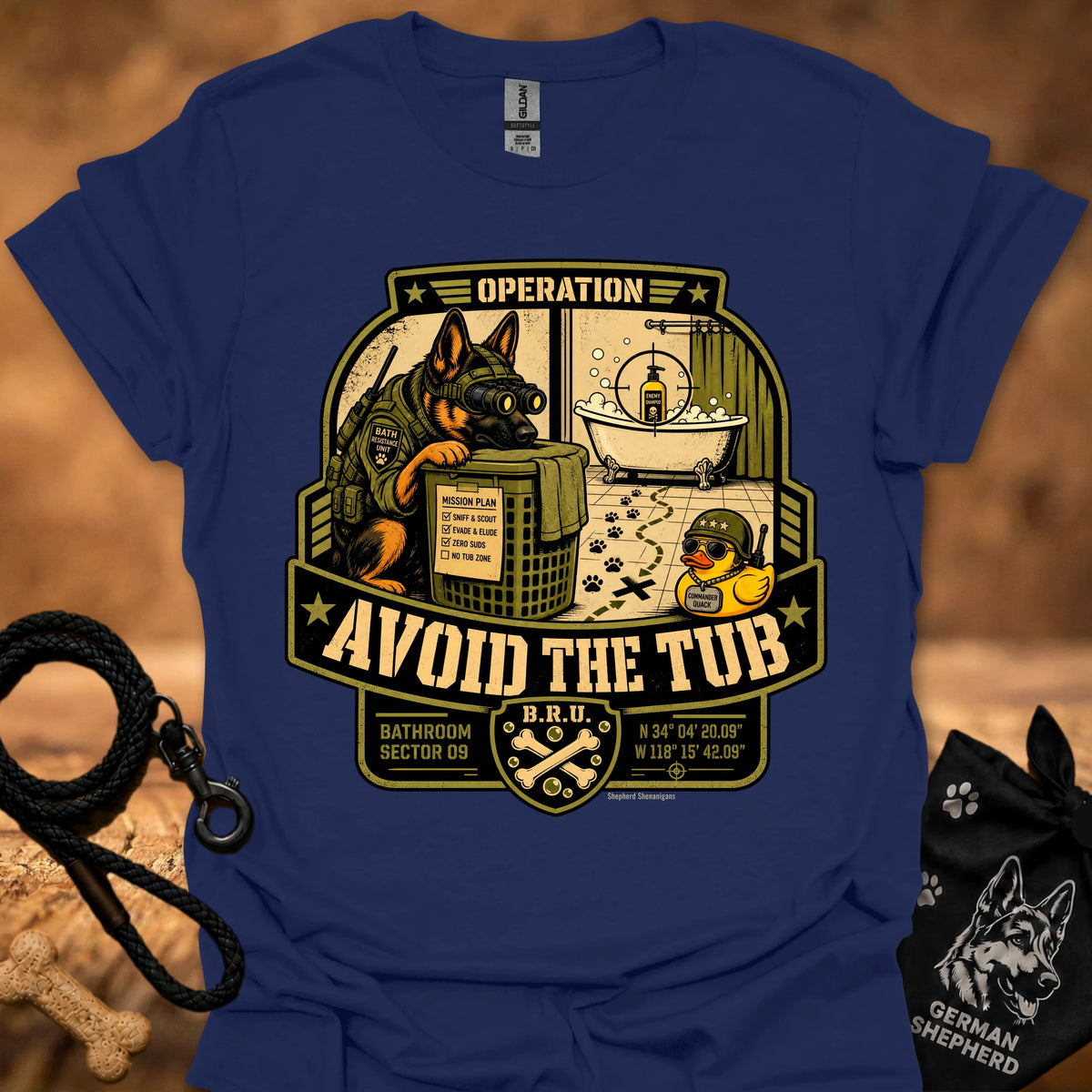 Operation-themed graphic T-shirt, royal blue, large badge print with slogan "Avoid the Tub"