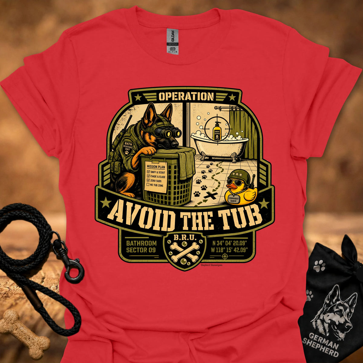 Operation-themed graphic T-shirt, red, large badge print with slogan "Avoid the Tub"