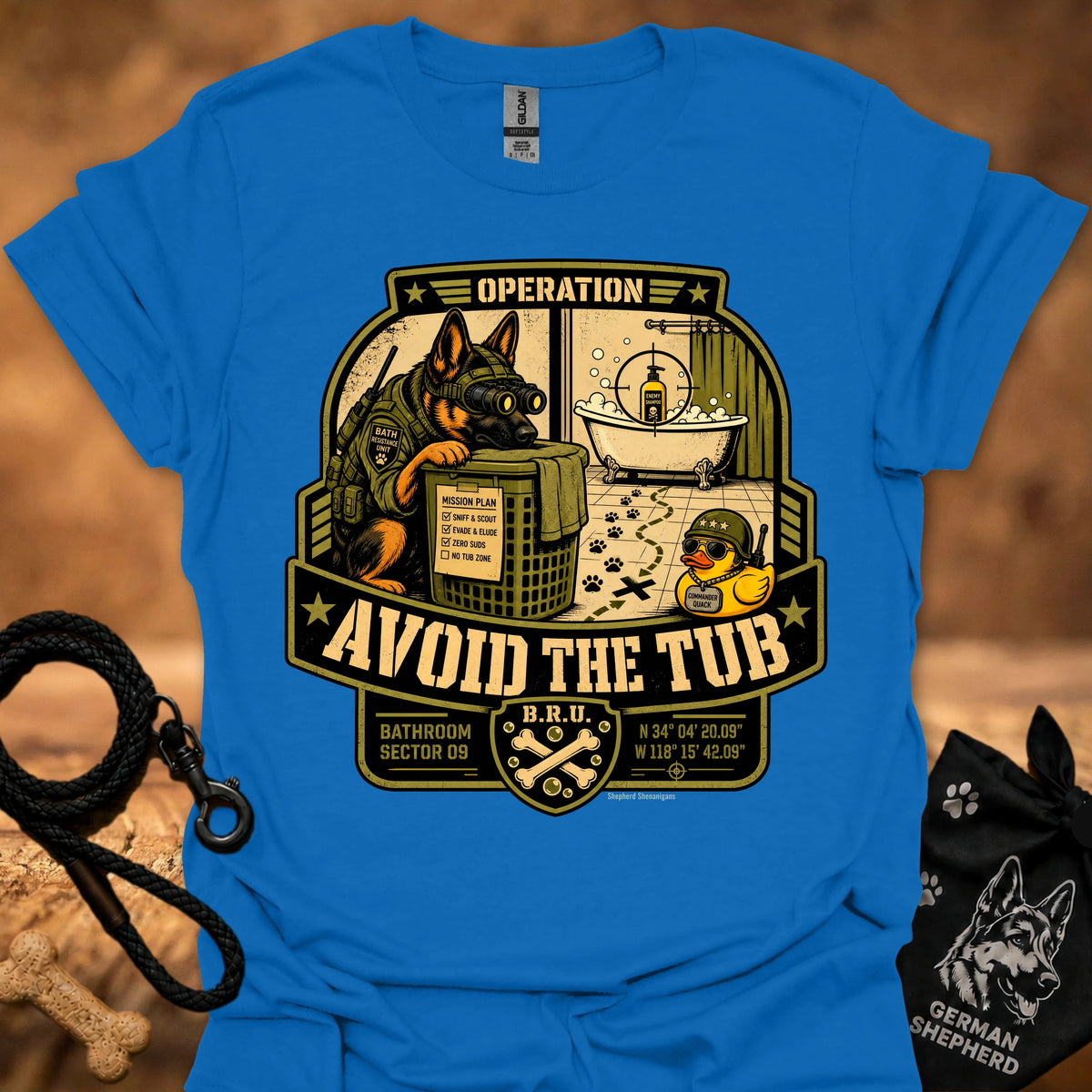 Operation-themed graphic T-shirt, bright blue, large badge print with slogan "Avoid the Tub"