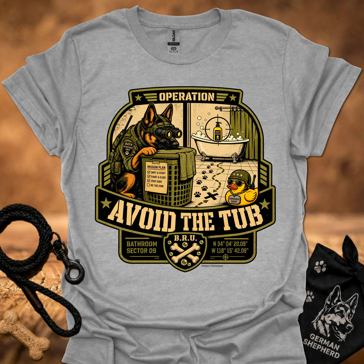 Operation-themed graphic T-shirt, heather gray, large badge print with slogan "Avoid the Tub"