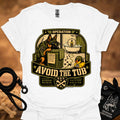 Operation-themed graphic T-shirt, white, large badge print with slogan "Avoid the Tub"