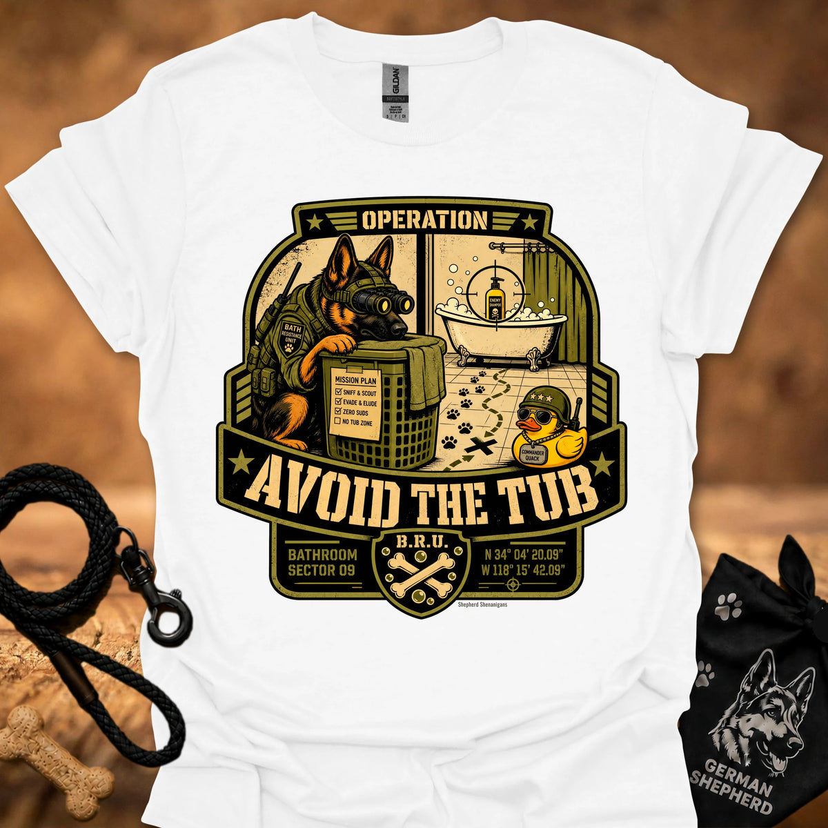 Operation-themed graphic T-shirt, white, large badge print with slogan "Avoid the Tub"