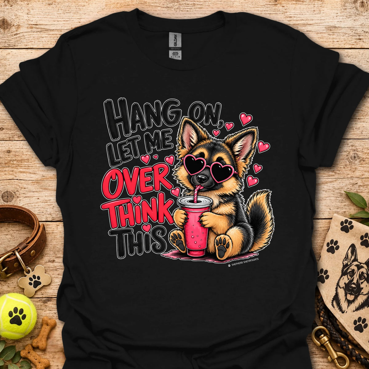 Black crewneck dog graphic t-shirt with “Hang on, let me overthink this” text and hearts