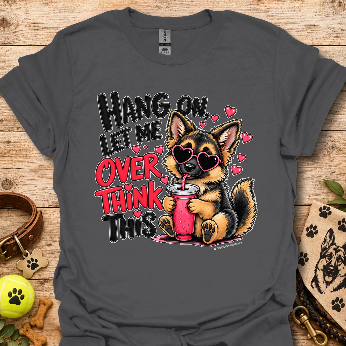 Dark gray crewneck dog graphic t-shirt with “Hang on, let me overthink this” text and hearts