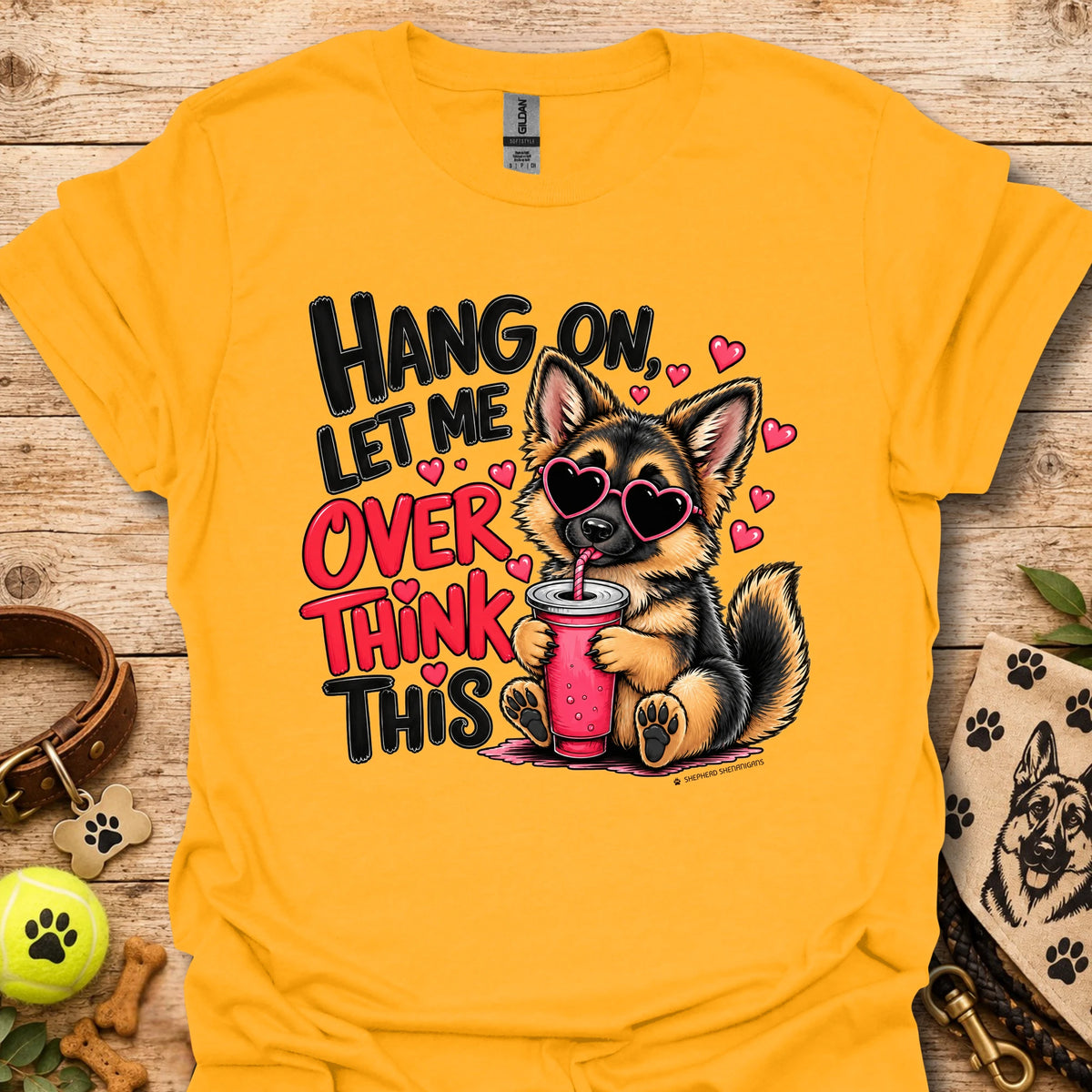 Yellow crewneck dog graphic t-shirt with “Hang on, let me overthink this” text and hearts