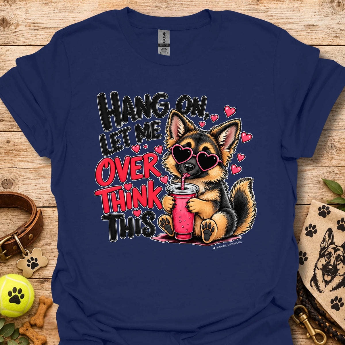 Navy crewneck dog graphic t-shirt with “Hang on, let me overthink this” text and hearts