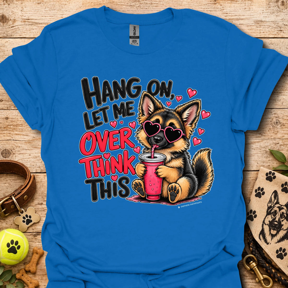 Royal blue crewneck dog graphic t-shirt with “Hang on, let me overthink this” text and hearts