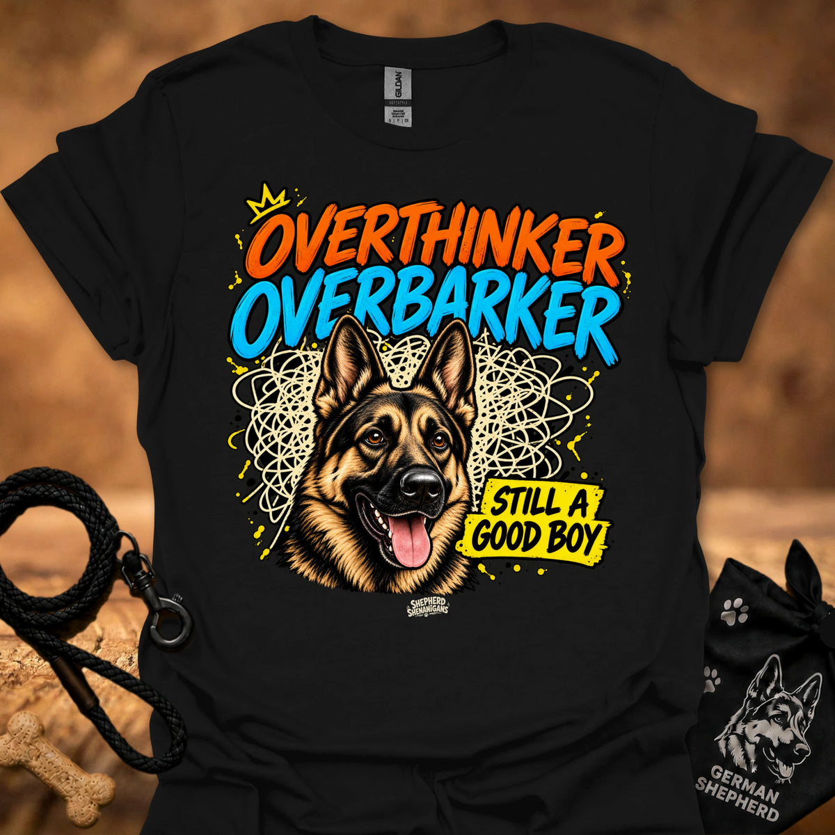 Black T-shirt with German shepherd graphic and “OverThinker OverBarker” text
