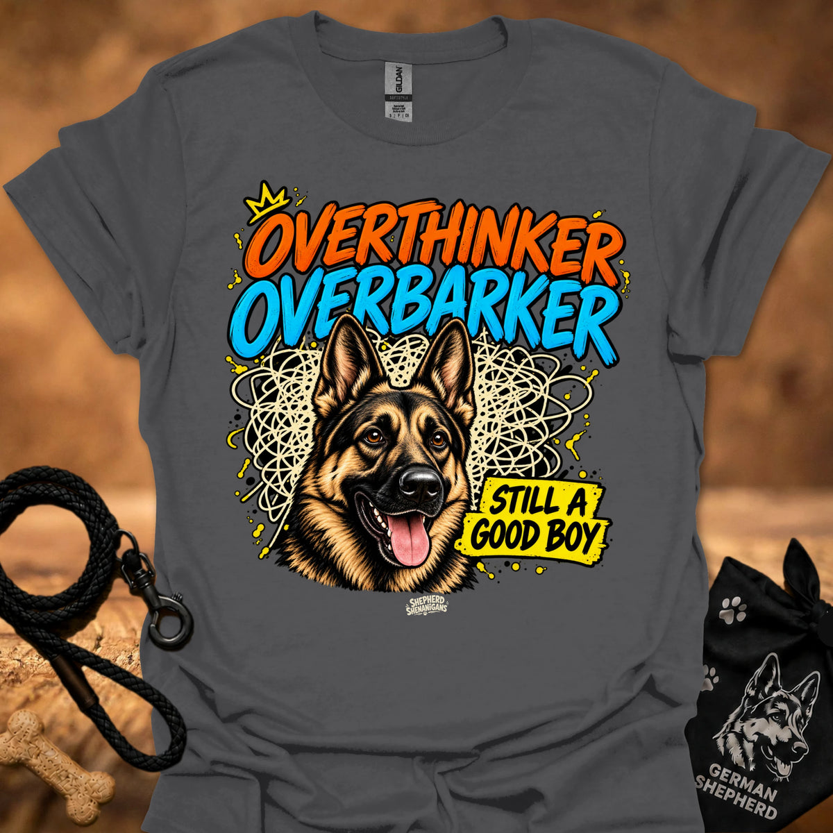 Sport Grey T-shirt with German shepherd graphic and “OverThinker OverBarker” text