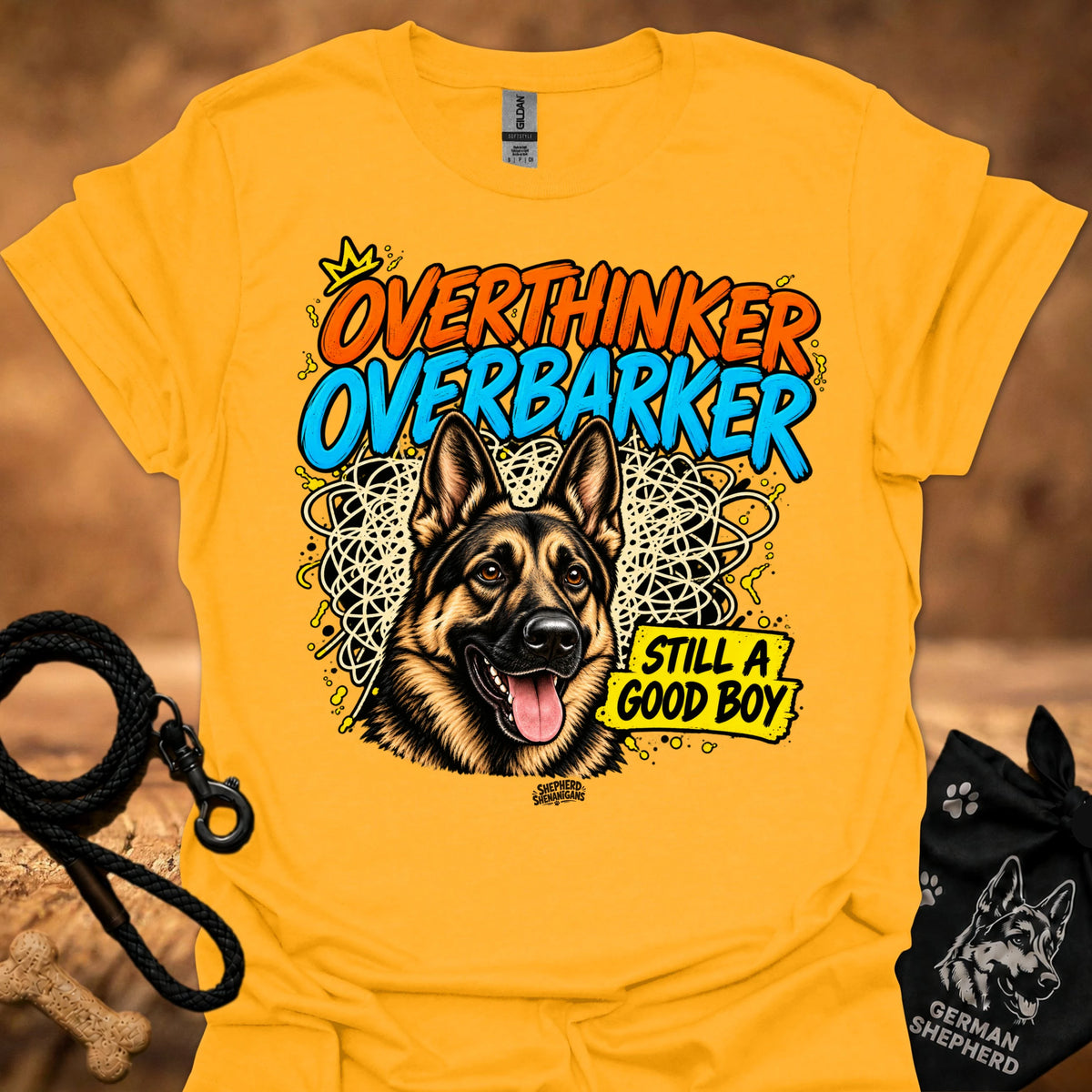 Gold T-shirt with German shepherd graphic and “OverThinker OverBarker” text