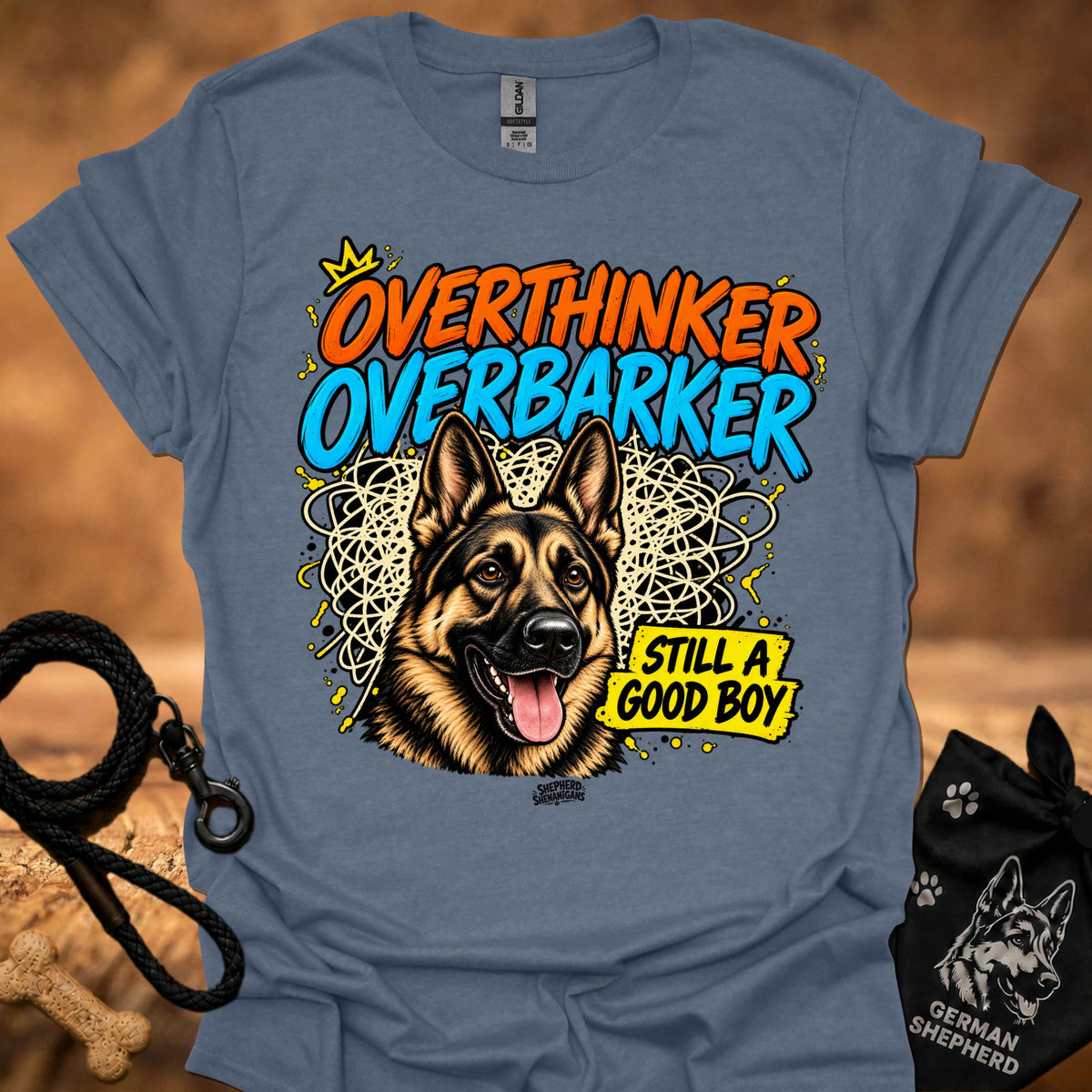 Heather indigo T-shirt with German shepherd graphic and “OverThinker OverBarker” text