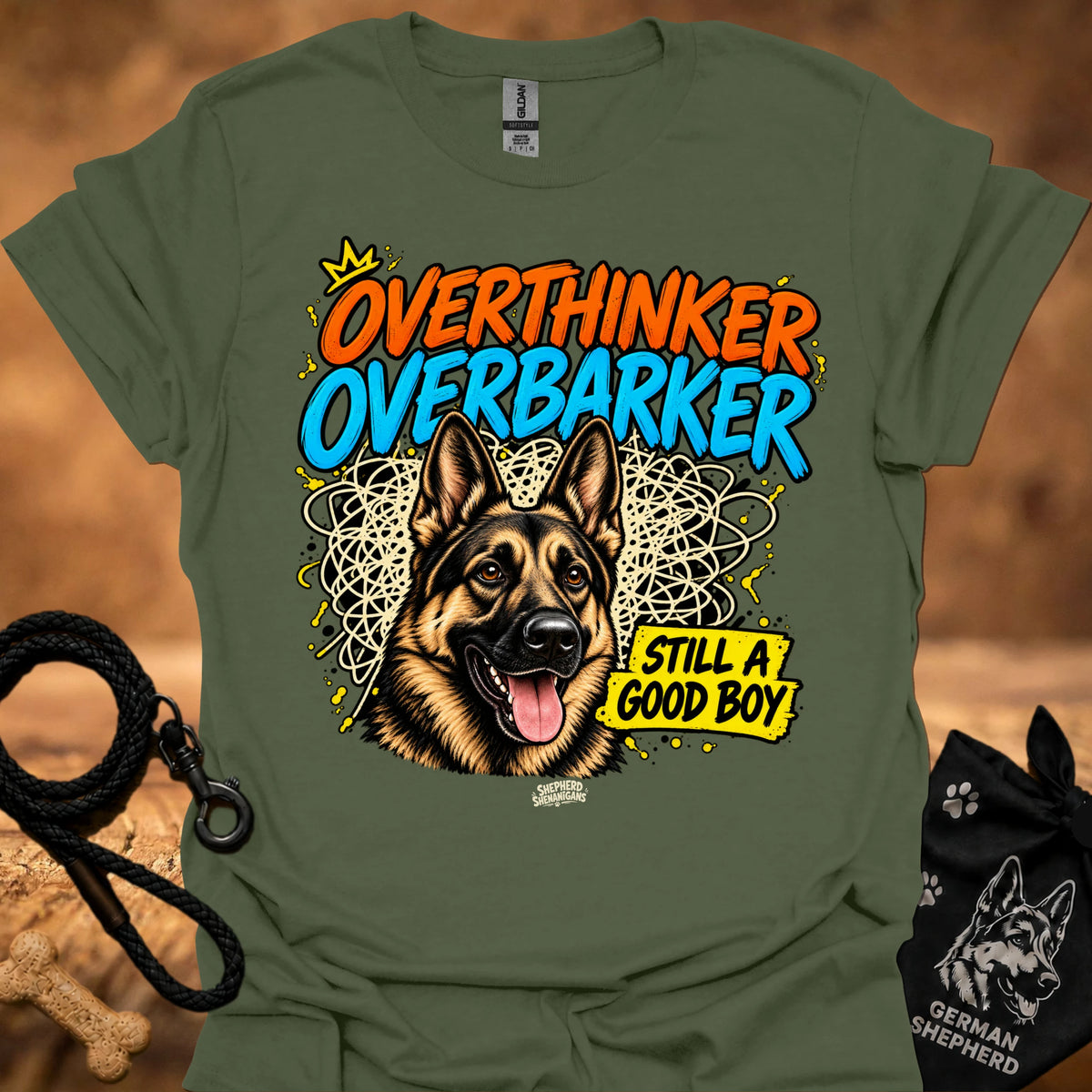 Military green T-shirt with German shepherd graphic and “OverThinker OverBarker” text