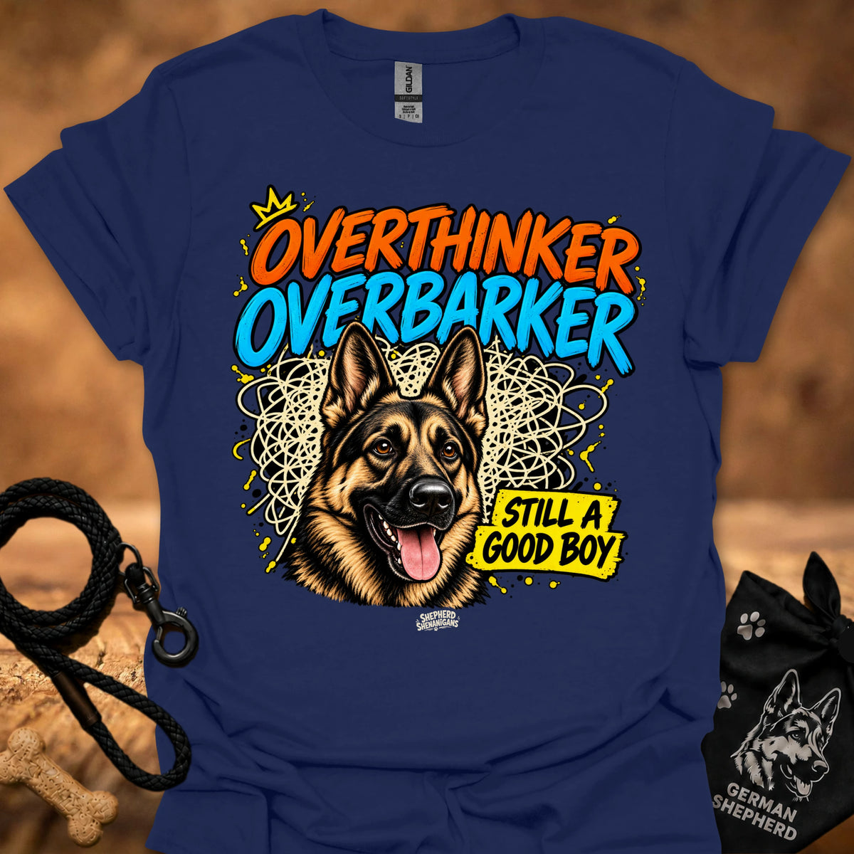 Navy T-shirt with German shepherd graphic and “OverThinker OverBarker” text