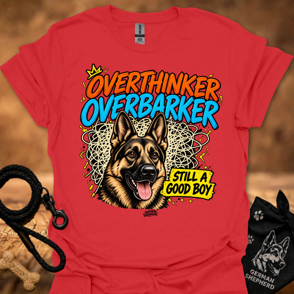 Red T-shirt with German shepherd graphic and “OverThinker OverBarker” text