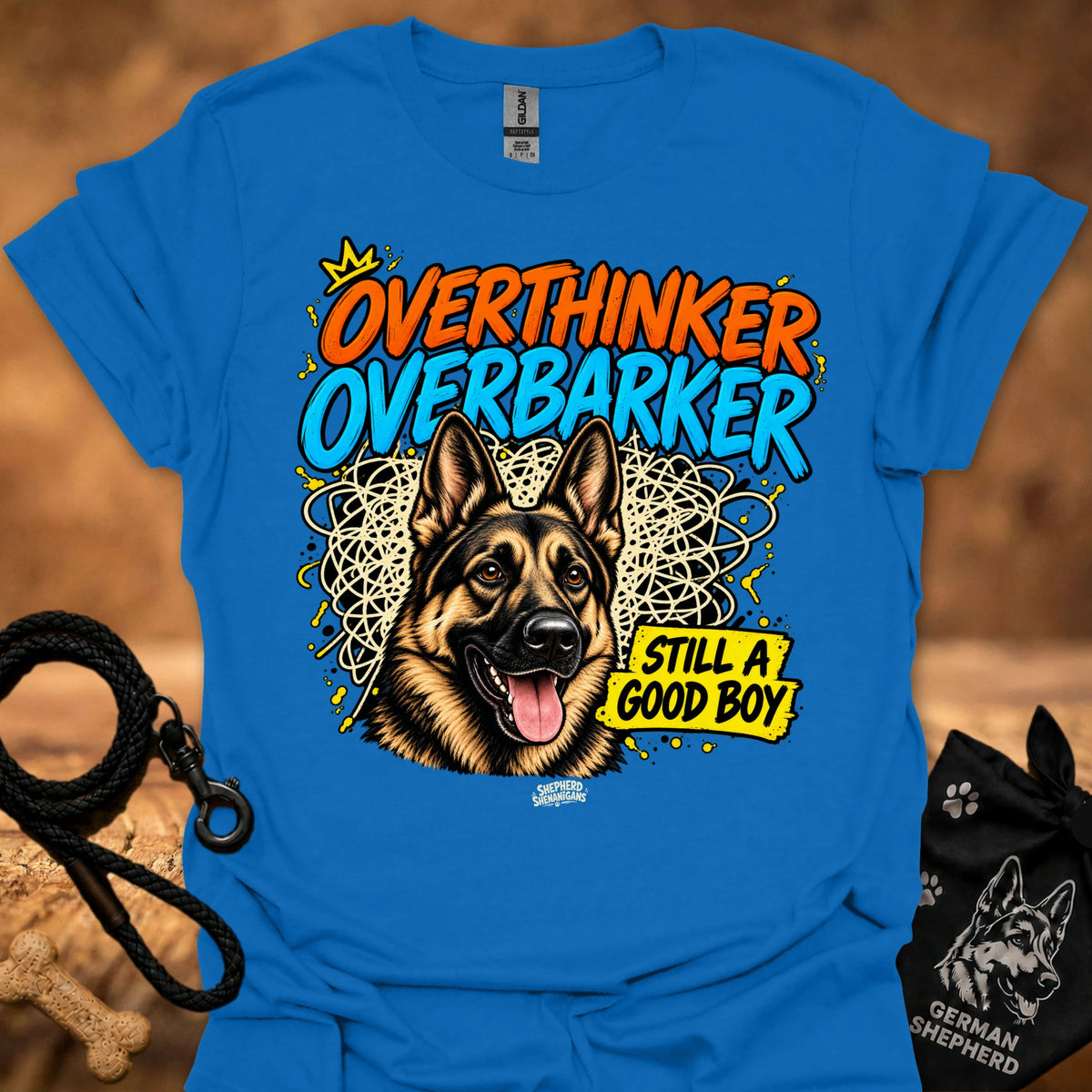 Royal blue T-shirt with German shepherd graphic and “OverThinker OverBarker” text